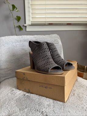 Indigo Charcoal Laser-Cut Peep-Toe Block Heel Sandals